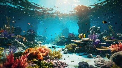 Fototapeta na wymiar Underwater Ocean Landscape with Typo Space