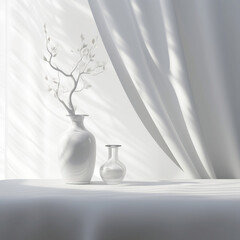 Empty white counter table, soft, smooth blowing sheer fabric curtain drapery, tree branch glass vase in sunlight for cosmetic, skincare, beauty treatment product display background. Generative ai