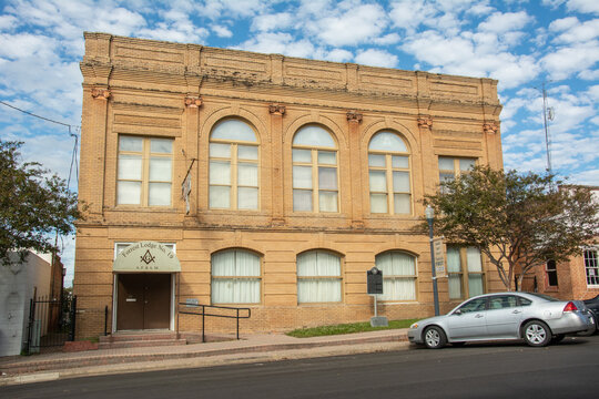 Huntsville, USA – November 23, 2022 - Forrest Masonic Lodge No. 19 building chartered by the Grand Lodge of the Republic of Texas in 1844 in downtown Huntsville, Texas