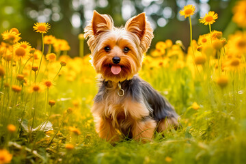 Colorful Floral Setting: Yorkshire Terrier Poses amidst Vibrant Blooms