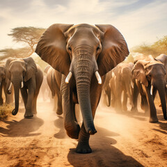 Fototapeta na wymiar Herd of African Elephants walking towards camera