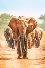 Fototapeta premium Herd of African Elephants walking towards camera
