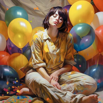 woman with balloons, Generative AI