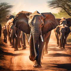 Fototapeta na wymiar Herd of African Elephants walking towards camera