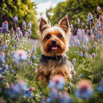 Petal Paws: Charming Yorkshire Terrier Explores a Field of Flowers
