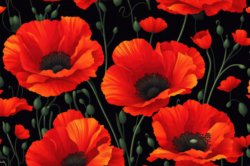 Abstract flowers background, red poppies flowers pattern on black wallpaper Generative AI.