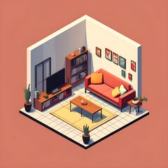 isometric interior room architecture generative AI illustration. furniture house home modern isometric architecture. design apartment decoration decor table sofa window wall living 
isometric space.