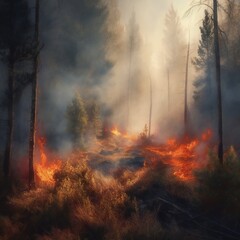 Wildfire burns ground in forest. generative ai