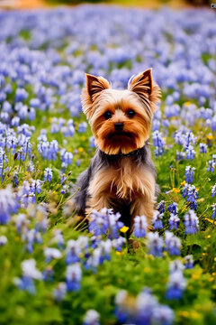 Yorkshire Terrier in Flower Field: Captivating Image of a Cute Canine Surrounded by Blooms
