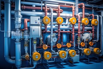 Fototapeta premium Complex heating system combined with a heat pump. Generative AI.