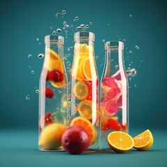 Beverages in transparent reusable glass bottle with each bottle having a different flying cut fruit smashed together. Generative AI.