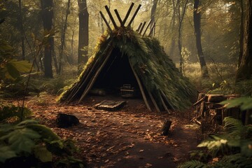 Bushcraft wickiup shelter in the forest. Generative AI. - obrazy, fototapety, plakaty