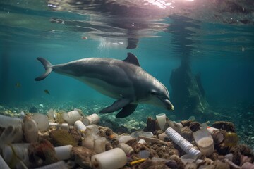 Obraz premium Plastic bottles and garbage underwater with dolphin. Generative AI.