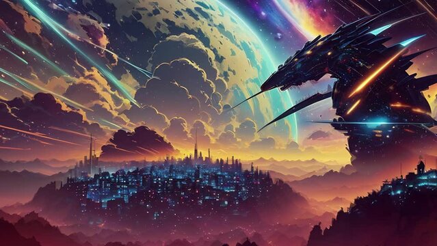 Futuristic cosmic animation with deep space, galaxy, and futuristic cityscape on planet. Bright cosmic animation with illustrations transformations, music visualization concept. AI generated video