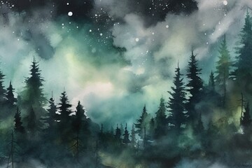 Watercolor abstract night sky in forest. Generative AI.