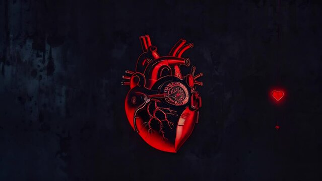 Futuristic medical animation with red human heart on dark grunge background. Healthcare and cardiology, heartbeat concept. AI generated animation with image transformations