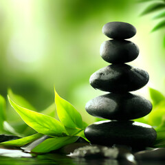 Obraz premium Dark zen scene, balanced stones, leaves, soft and healthy mood