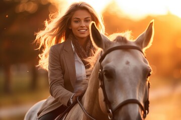 Obraz premium A close - up shot of a young woman horse riding in the enchanting golden hour of sunset. Generative AI