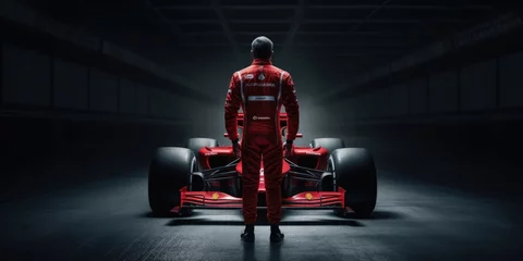 Abwaschbare Fototapete F1 Formula 1 Pilot Standing in front of his race car, Illustration, Generative AI