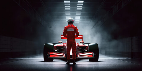 Formula 1 Pilot Standing in front of his race car, Illustration, Generative AI