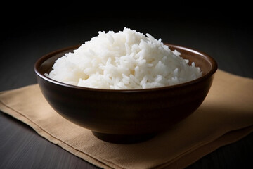 Bowl of rice on a brown and wooden background. Generative AI