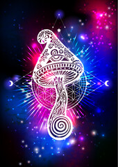 Magic Mushrooms. Psychedelic poster.Vector illustration. Zen boho art. Space, Galaxy, Mystic background. Decorative mushrooms, hippie, neon hallucination psilocybin 60s 70s
