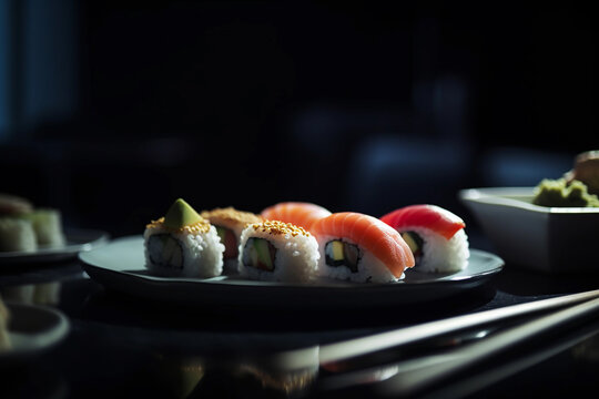 Food photography, sushi, condiments 50mm macro lens, top view, isolated. Generative AI