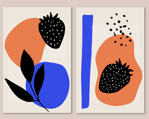 Abstract wall art with shapes and fruit. Modern print poster. Vector