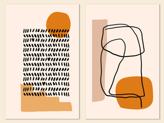 Modern abstract print design with line and shapes. Pastel matisse poster set. Vector illustration.