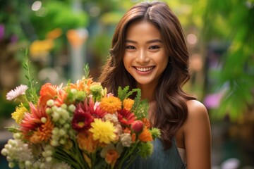 Fototapeta premium A close - up shot of a young woman smiling and holding a bouquet of vibrant flowers in a botanical garden. Generative AI