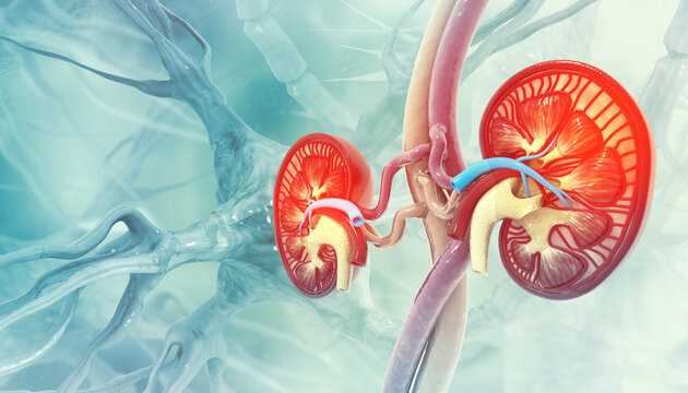 Human kidney cross section on scientific background. 3d illustration