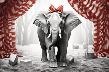 Naklejka na ściany i meble a red pop color photo a Elephant wearing a polka. Generative AI