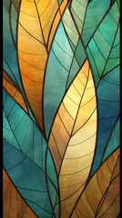Autumn leaves pattern in stained glass. Beautiful abstract foliage wallpaper for mobile phone. 