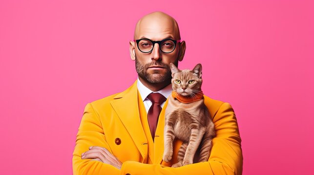 handsome serious man cat owner hold his cat in arm, pink yellow color, Generative Ai