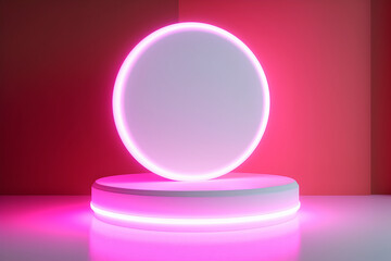 Generative AI. white podium in form of circle on purple neon background. mock up for exhibition, presentation of goods , product display
