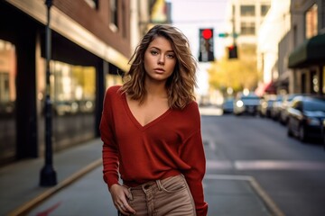 Fototapeta premium A portrait of a young woman in a trendy urban setting. Generative AI