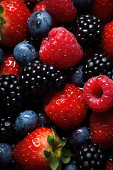 Background of fresh berries with splashes of water. Raspberries, blueberries, strawberries and blackberries. Generative AI