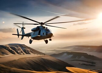 Fototapeta na wymiar Military helicopter flying over desert 