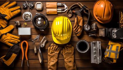 American flag with safety helmet and tools on wooden background. Labor day concept, Generative Ai