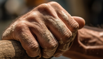Close-up of a man's hand holding an old hammer, Labor day concept, labor day image, Generative Ai