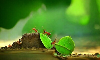 Ants carry the leaves back to build their nests, carrying leaves, close-up. sunlight background. Concept team work together. Generative AIi
