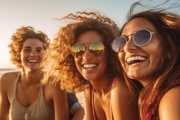 A group of diverse friends laughing and enjoying a beach day. Generative AI