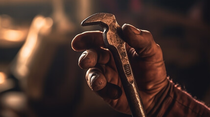 Close-up of a man's hand holding an old hammer, Labor day concept, labor day image, Generative Ai