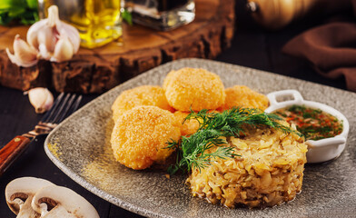 cabbage tartare with mushrooms and hominy