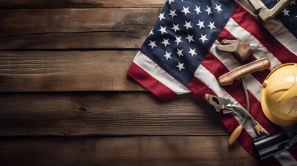 American flag and wrench on wooden background. Labor day concept, Generative Ai
