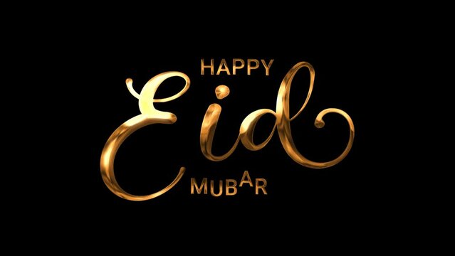 Eid Mubarak Animation Text in Gold Color with Black Background can be used for the celebration of Islamic holidays such as Eid al-Fitr or Eid al-Adha