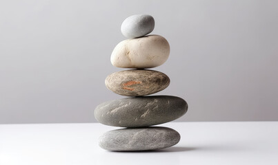 Stones balance. Pebbles pyramid on gray background. For banner, postcard, book illustration.