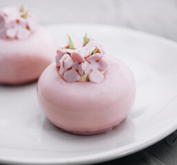 Fototapeta na wymiar Pink mousse cakes decorated on white plate