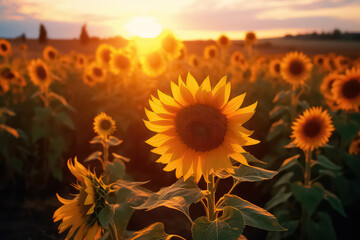 Fototapeta premium A beautiful field of blooming sunflowers against the sunset.