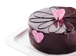 cake in chocolate icing isolated on white